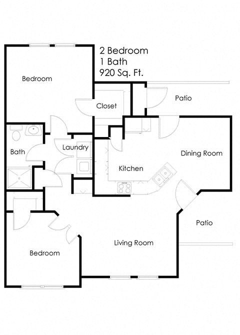 Floor plan for 2 beds, 1 bath, 820 sqft